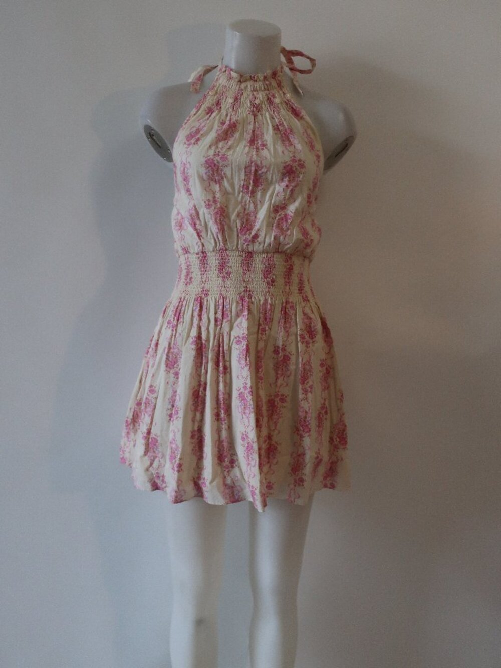 LoveShackFancy Cream and Pink Floral Halter Mini Dress